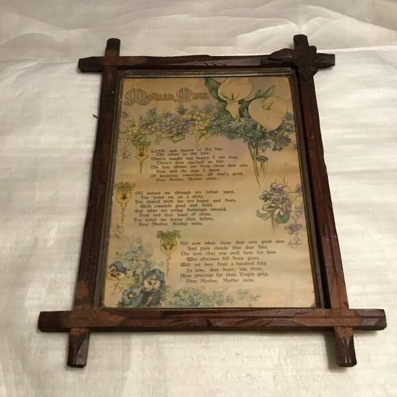 Antique Mother Mine watercolor like print framed behind glass tramp art frame - Picture 13 of 15